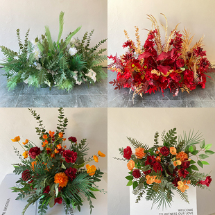 新款秋冬新中式红色雾霾蓝香槟色森系婚礼堂布置路引地排花球装饰