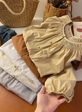 法式褶皱圆领长袖衬衫女早秋温柔复古气质小金扣小衫百搭宽松衬衣