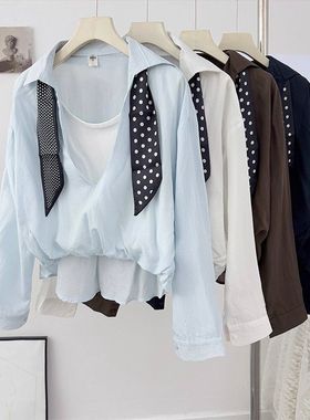 设计感前短后长假两件长袖衬衫女秋季2025收腰减龄宽松带领巾上衣