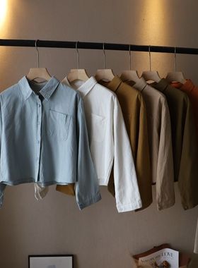 日系温柔风短款小个子纯棉白衬衫女秋冬韩版宽松小众叠穿长袖上衣