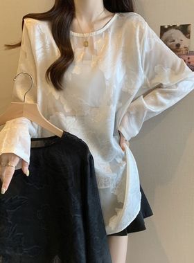 新中式国风醋酸提花雪纺t恤女大码胖mm中长款外搭防晒罩衫夏上衣