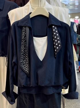 欧韩假两件设计感长袖衬衫女反季新款韩版百搭通勤气质衬衣搭丝巾