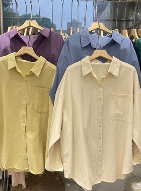 春秋纯棉文艺港味宽松洋气纯色长袖衬衫外套女式韩版宽松衬衣上衣