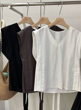 欧洲站2025夏季新款时尚百搭V领无袖背心女简约设计感系带衬衫潮