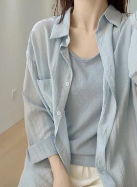 韩国东大门2024夏季新款纯色简约百搭宽松显瘦长袖衬衫女防晒上衣