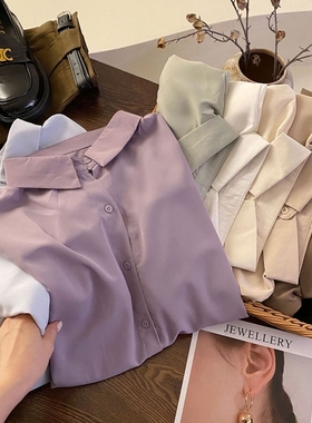 莫兰迪雾紫色长袖衬衫女秋气质宽松显瘦百搭净色衬衣休闲垂感上衣