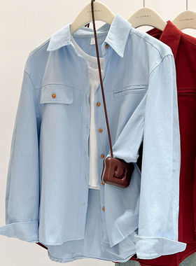 蓝色牛仔衬衫女早秋2024新款洋气宽松设计感小众长袖上衣衬衣外套