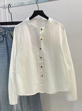 高级感圆领白衬衫女宽松2025新款韩版休闲灯笼袖叠穿显瘦衬衣女