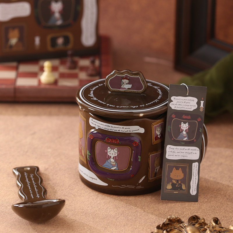 法式复古陶瓷猫咪马克杯家用喝水杯带勺子盖子送女生礼物礼盒杯子