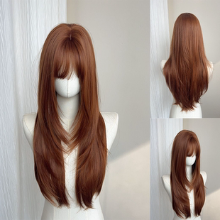 假发女款 甜豆 长直发修饰减龄橘棕高层次超自然全头套假发 美式