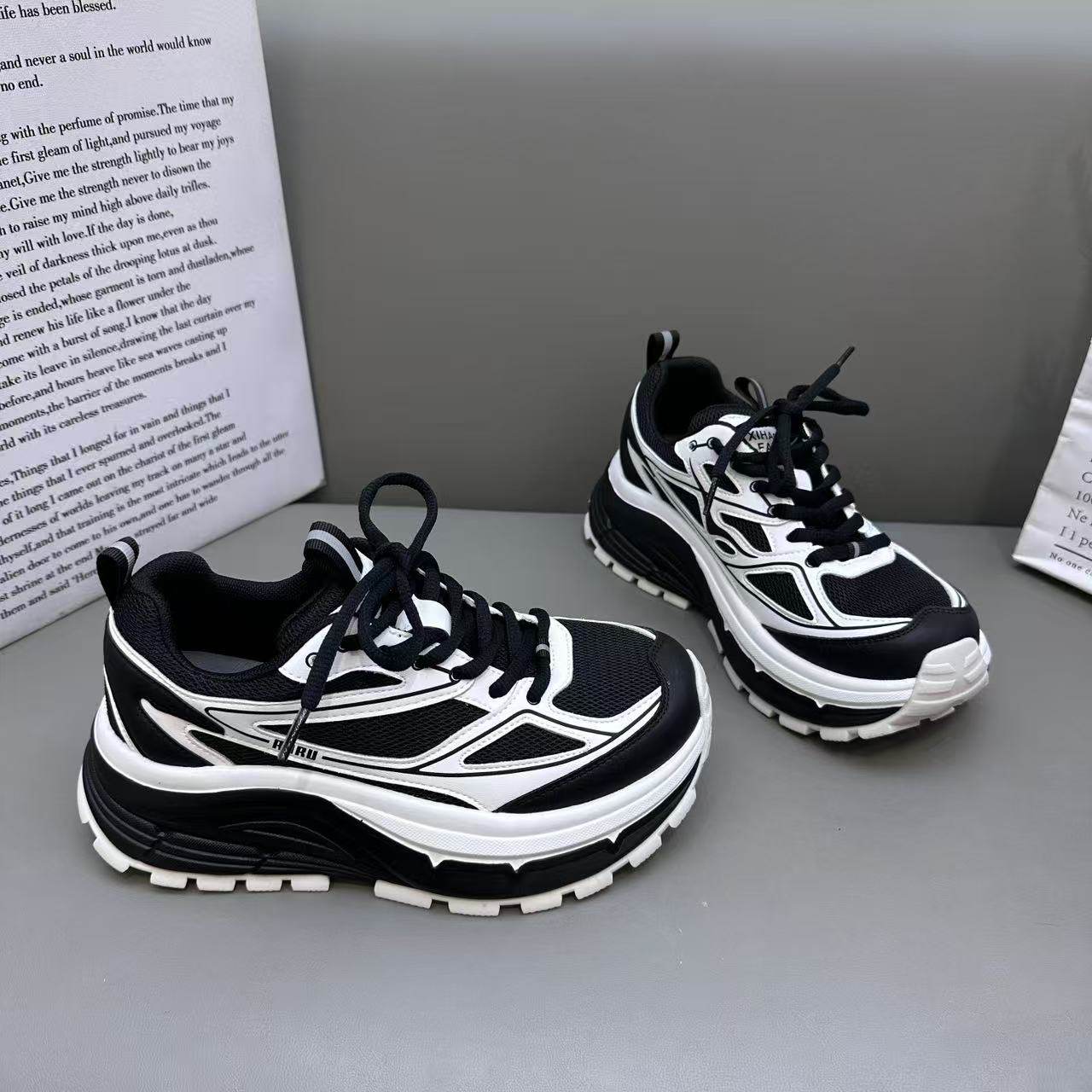 2026新款春季黑白拼色厚底老爹鞋女增高休闲运动百搭透气网面单鞋,女鞋,棉鞋,淘宝优惠券,粉丝福利购,淘宝优惠卷