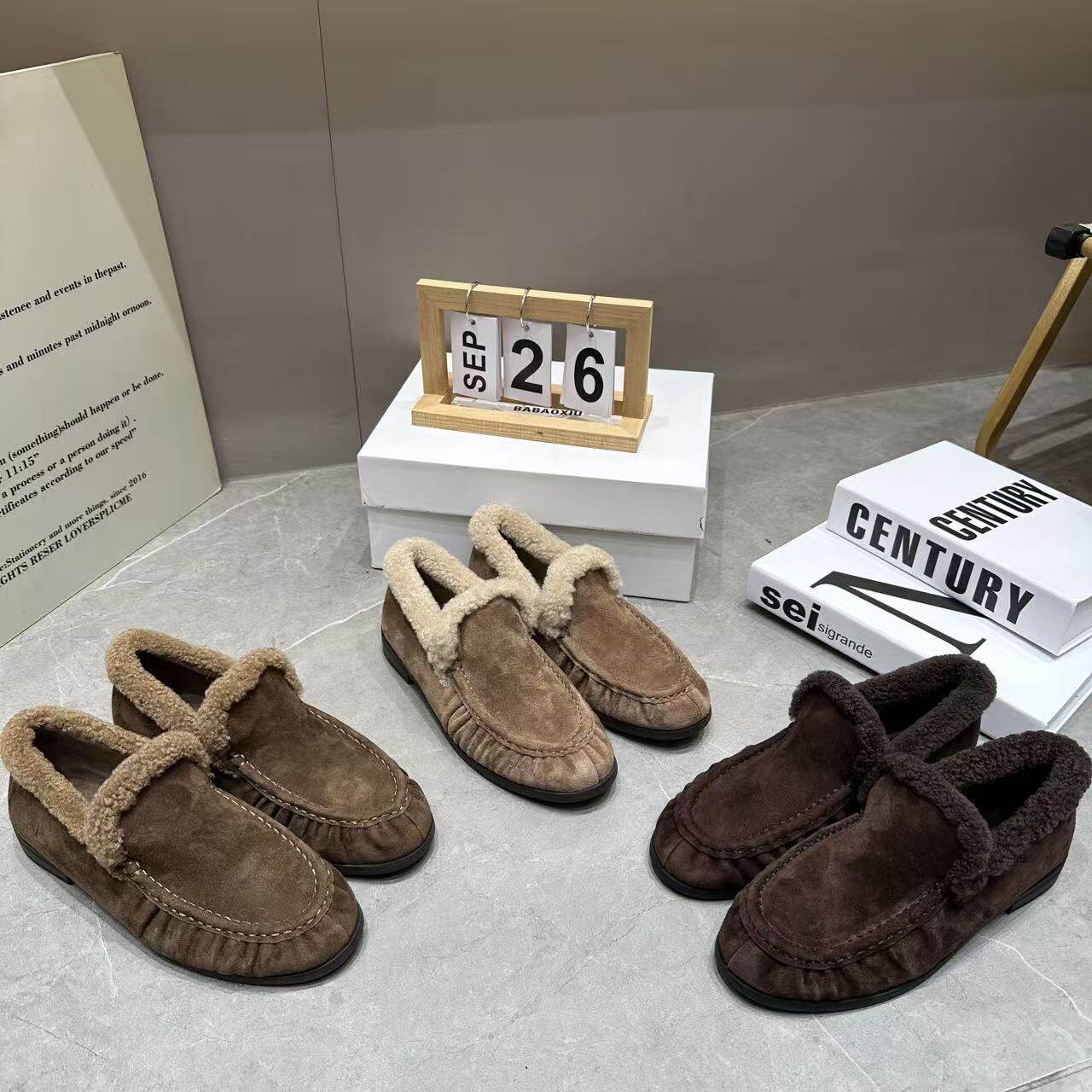巴宝秀磨砂加绒乐福鞋女2026年冬季新款圆头舒适毛毛口保暖豆豆鞋