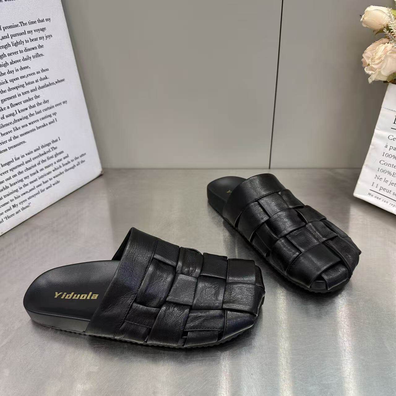 复古编制方头包头凉拖鞋女2026新款黑色一脚蹬休闲舒适穆勒半拖鞋