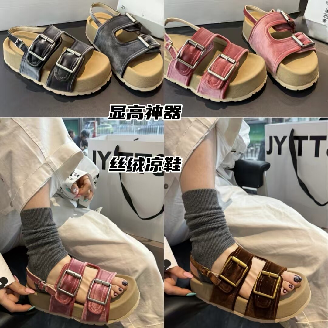 欧洲站2026年夏季新款复古丝绒松糕露趾凉双扣厚底增高罗马凉拖鞋