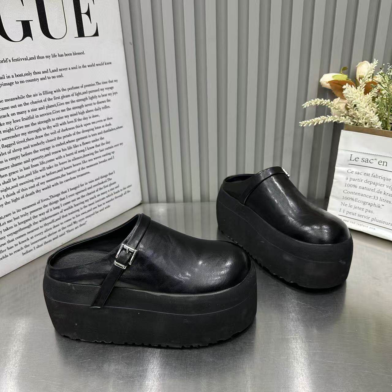 欧货复古厚底增高包头半拖鞋女2026新款百搭小个子皮带扣勃肯拖鞋