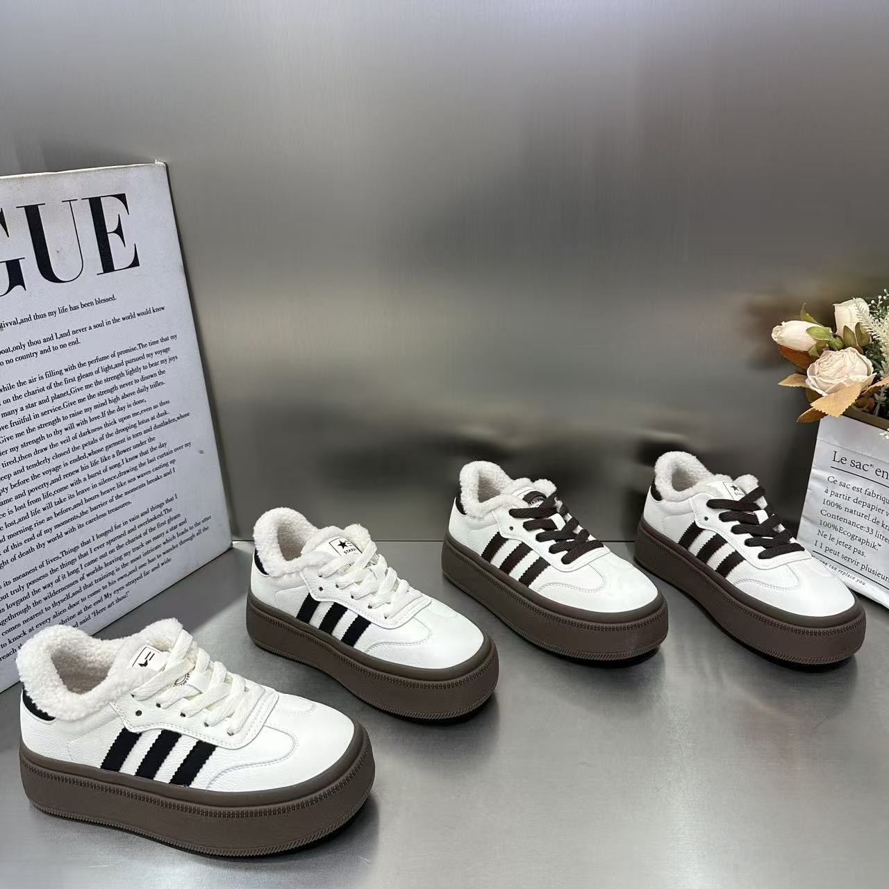 欧货松糕厚底加绒德训鞋女2025冬季新款百搭圆头复古休闲增高板鞋