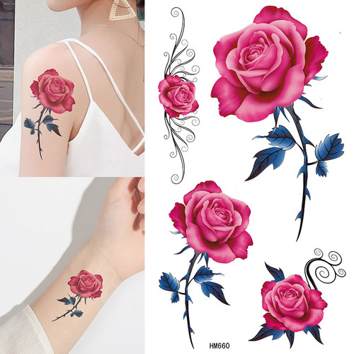 红色玫瑰花纹身贴纸防水持久