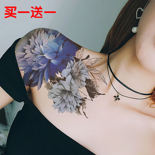 青花瓷蓝色花朵纹身贴防水持久