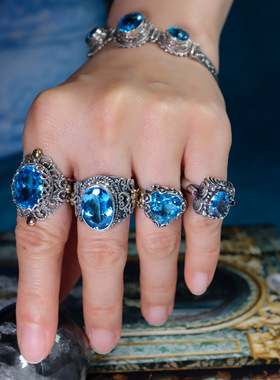 尼泊尔复古风蓝托帕石纯银戒指女