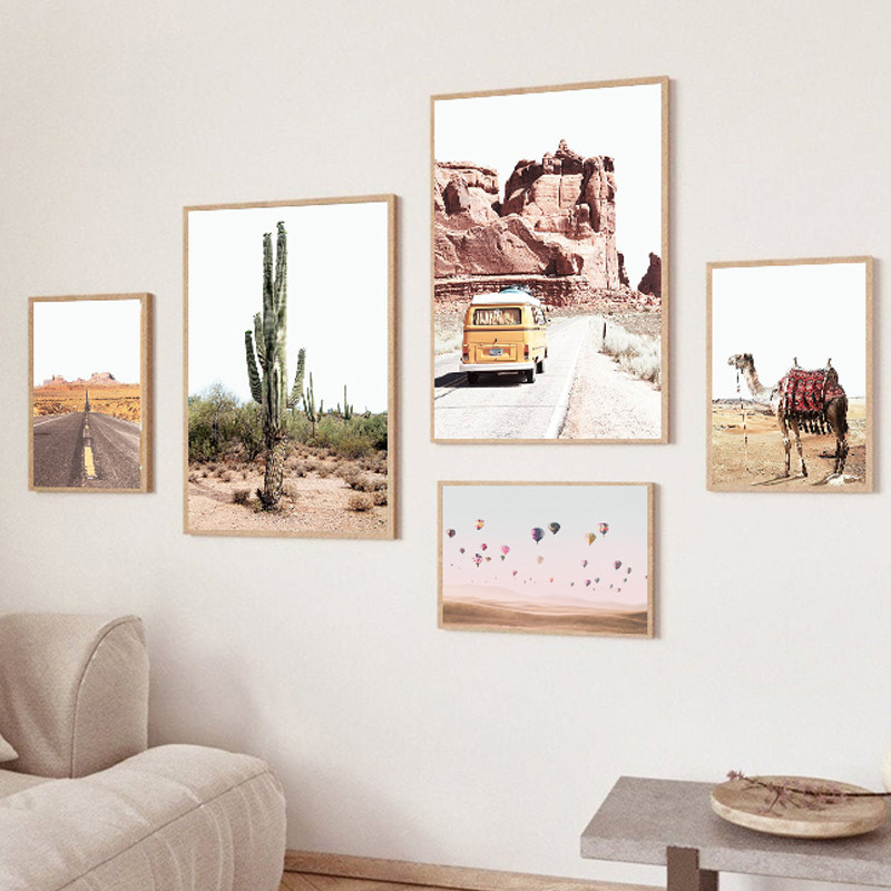 沙漠风光挂画热带风景植物客厅背景墙装饰画骆驼仙人掌热气球壁画