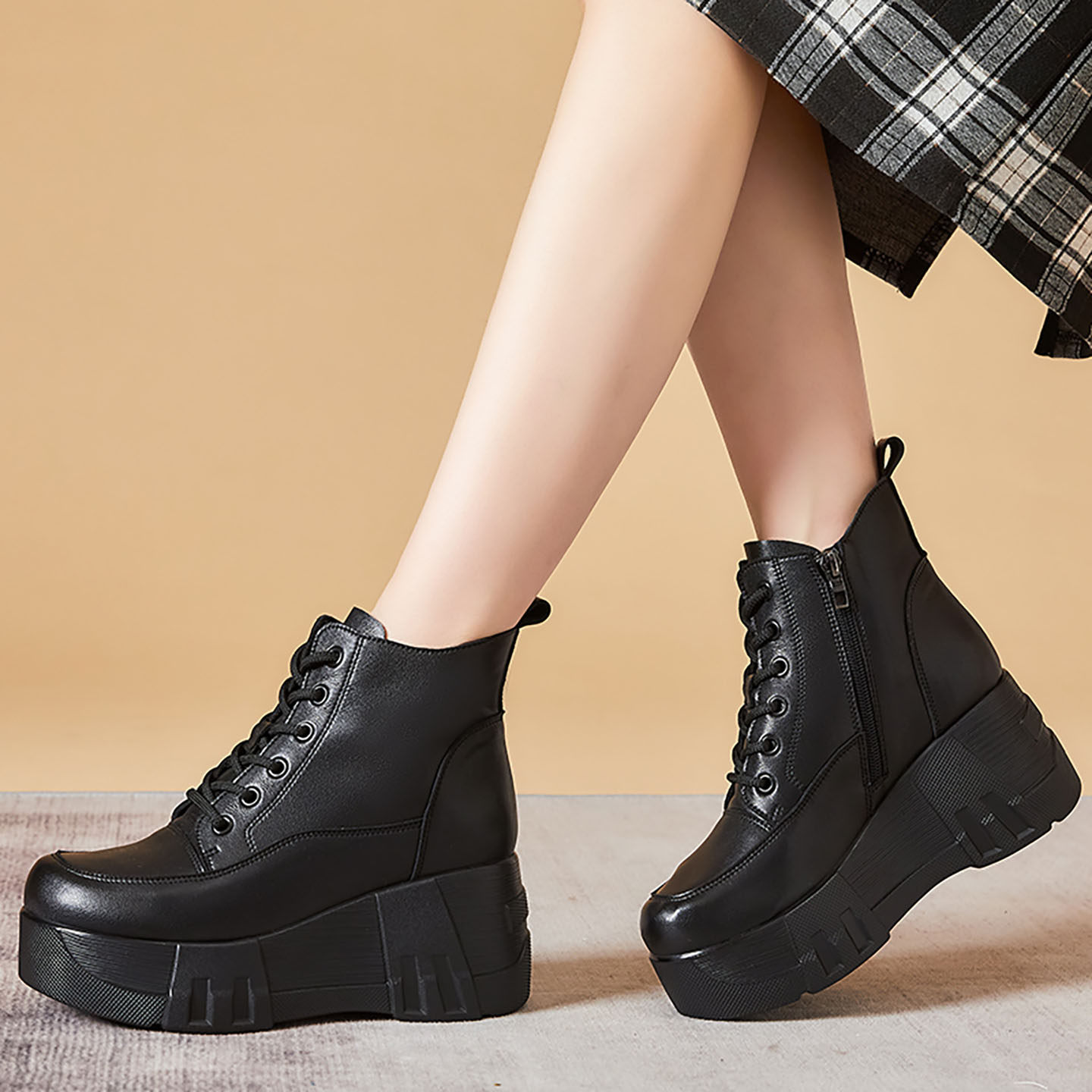 复古真皮厚底马丁靴女2025秋冬新款坡跟短筒单靴原创手工松糕女靴,女鞋,马丁靴,淘宝优惠券,粉丝福利购,淘宝优惠卷