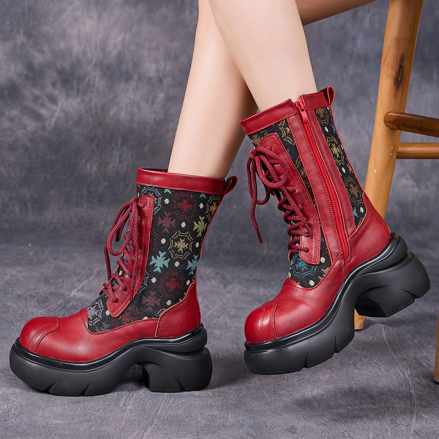 真皮复古民族风花朵撞色中筒加绒女靴秋冬马丁靴粗跟厚底增高棉靴