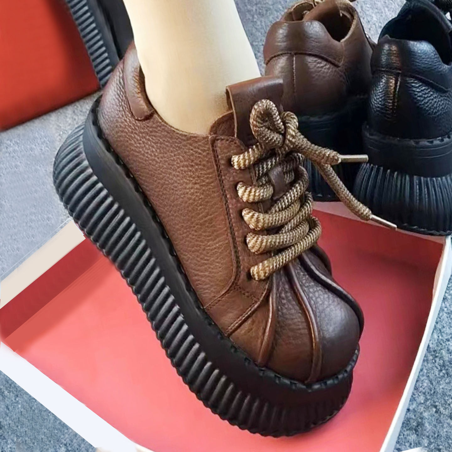 春秋2025新款复古风头层牛皮小个子厚底真皮女鞋大头娃娃松糕单鞋