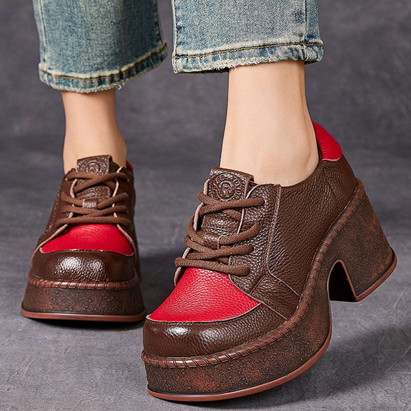 春秋法式优质新款撞色复古头层方头厚底单珍鞋百搭鞋系带不累女鞋,女鞋,浅口单鞋,淘宝优惠券,粉丝福利购,淘宝优惠卷