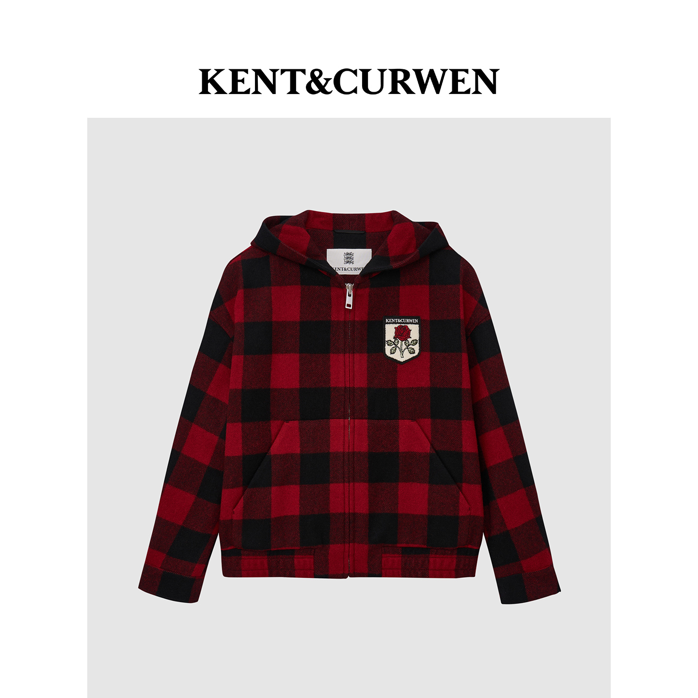 KENT&CURWEN/肯迪文2025秋冬新品玫瑰刺绣纯绵羊毛连帽夹克外套