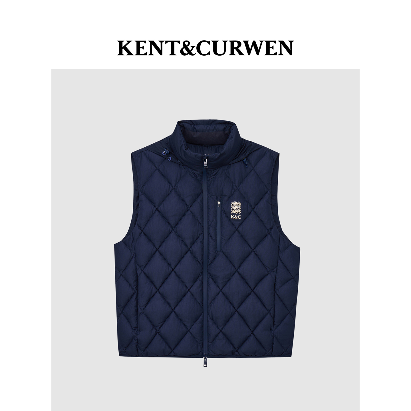 KENT&CURWEN/肯迪文2025秋冬新品男士白鹅绒菱格三狮连帽羽绒马甲