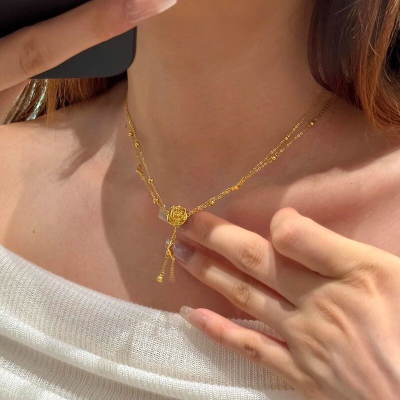 法式复古玫瑰花吊坠项链多层