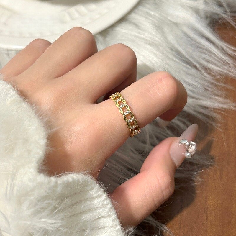 复古镂空铜钱开口链条戒指百搭
