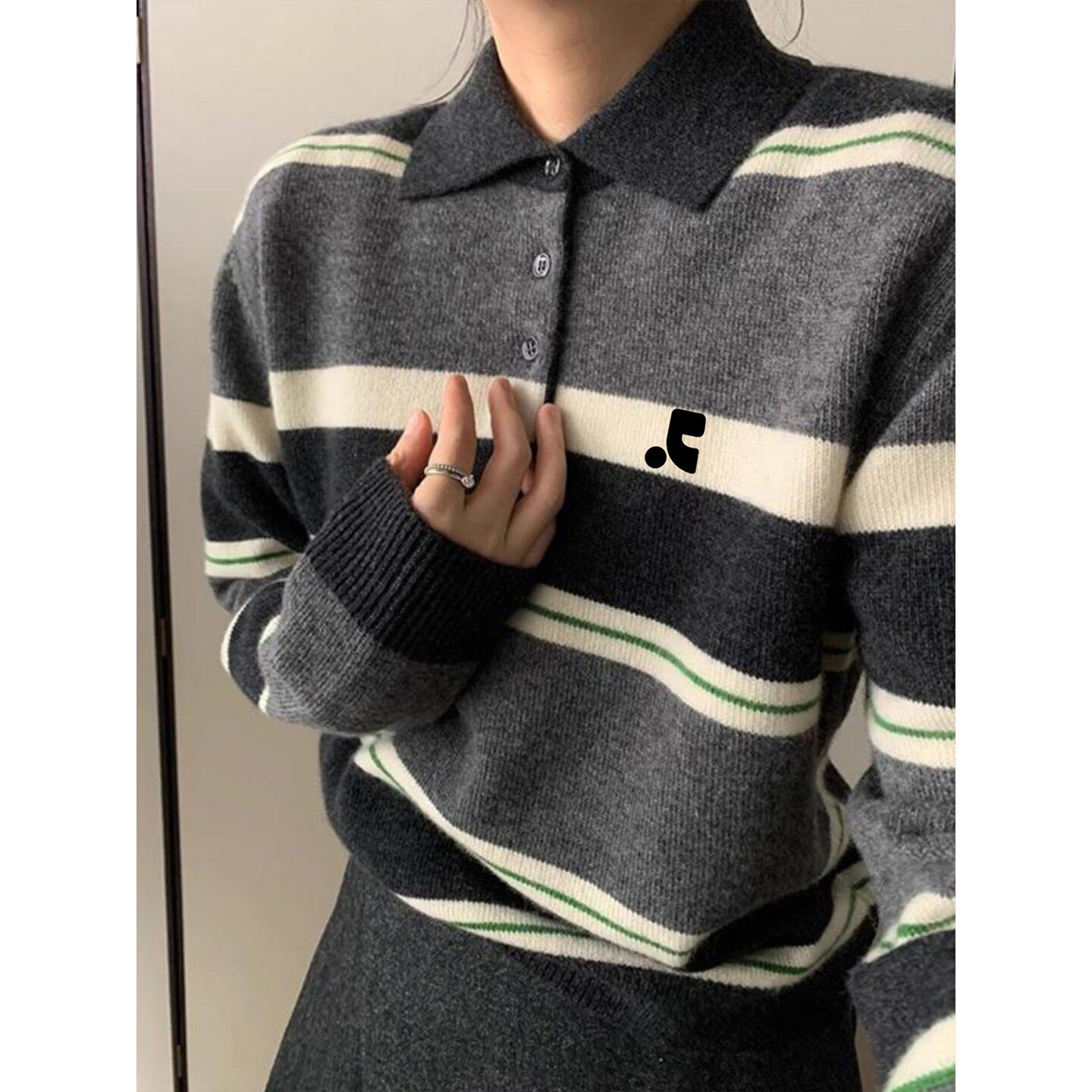 RR正品女秋冬撞色条纹POLO衫