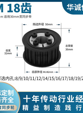 免键同步带轮8M18齿AF型齿宽32内孔8 9 10121415胀紧套钢质同步轮
