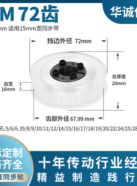 免键同步带轮S3M72齿宽16内孔5 6 6.35 8910胀紧套主动齿轮同步轮