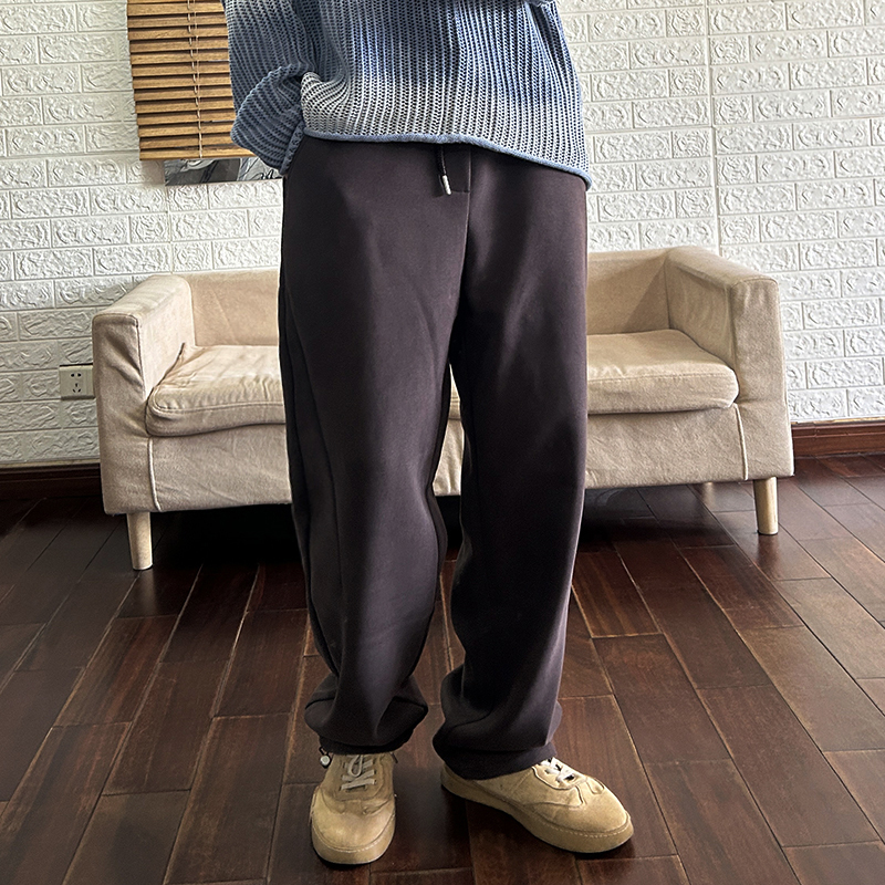 加绒加厚冬季卫裤男宽松直筒收缩裤脚水洗磨毛日系运动休闲裤男