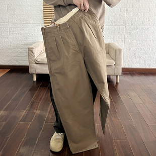 男 重磅日系宽松水洗梭织斜纹纯棉纯色复古阿美咔叽潮流休闲裤