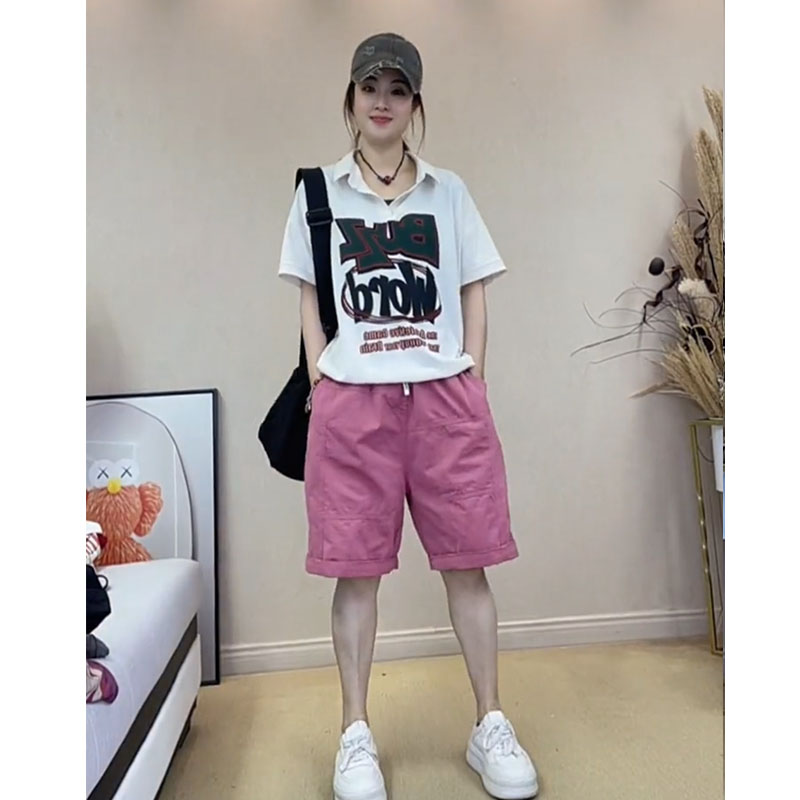 时尚POLO衫2025夏季新款显瘦字母印花短袖T恤女+休闲短裤两件套装