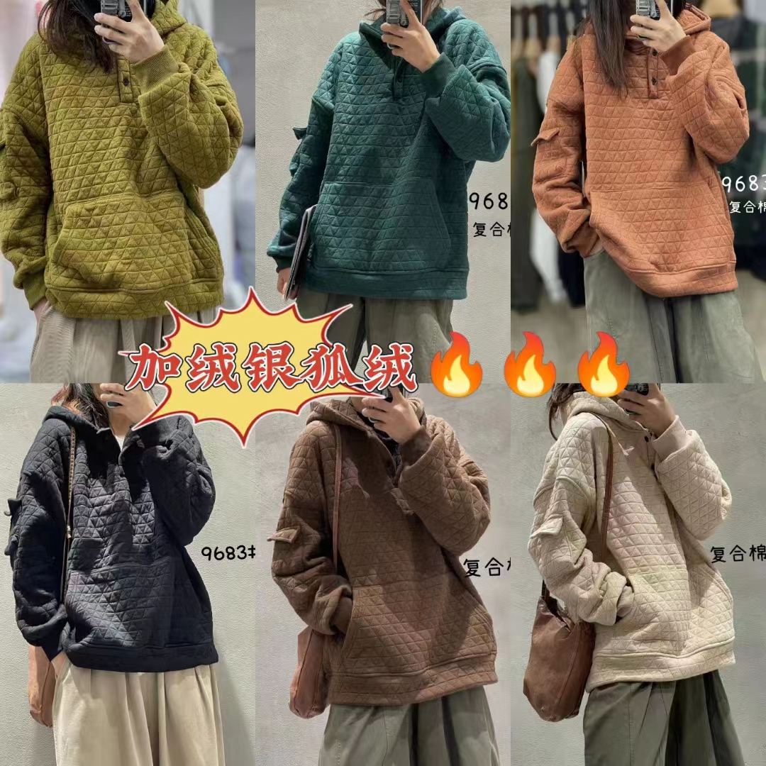 夹棉加厚复古菱格文艺大码女装套头连帽口袋宽松休闲卫衣秋冬
