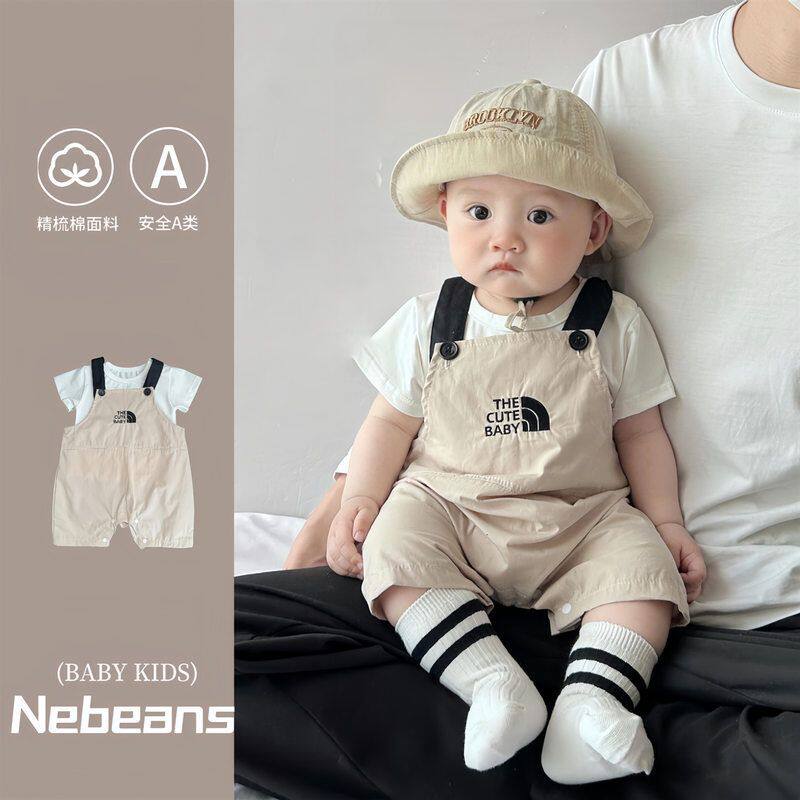 0-2岁潮牌男女宝宝夏天背带裤套装棉质柔软字母cute baby爬服哈衣