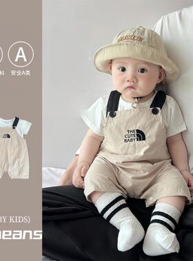 0-2岁潮牌男女宝宝夏天背带裤套装棉质柔软字母cute baby爬服哈衣