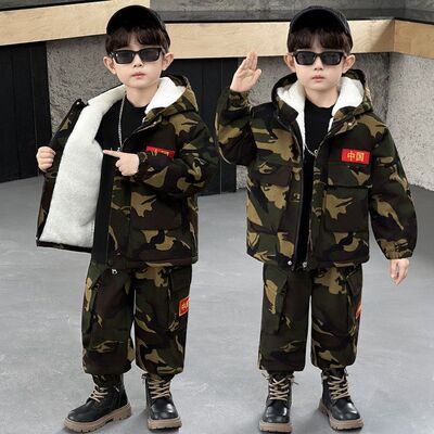 男童冬装加绒迷彩套装冬季儿童
