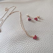 仿珊瑚红色爱心细碎项链耳钉套装 美美朱砂痣 0123 斯斯