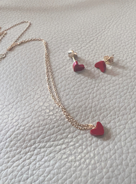 斯斯 0123 美美朱砂痣 仿珊瑚红色爱心细碎项链耳钉套装