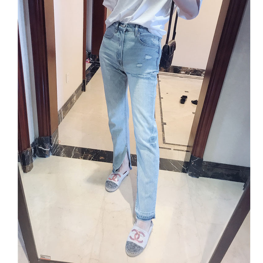 小众浅蓝弹性直筒设计款牛仔裤