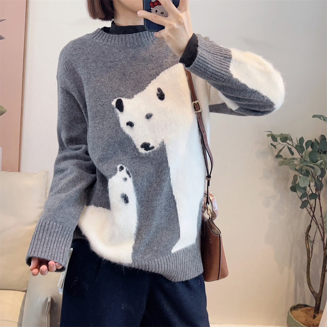 斯斯1216可爱北极熊嵌花立体感羊毛混纺慵懒风OS圆领休闲毛衣