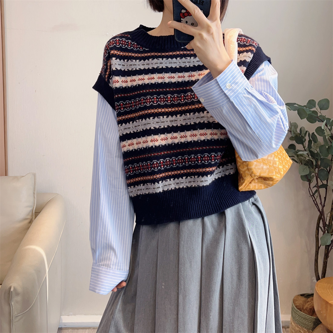 斯斯0123 复古文艺风费尔岛圆领马甲拼接条纹衬衫假两件针织上衣