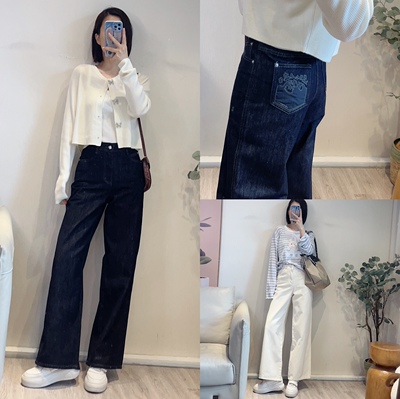 斯斯 0301 简约丹宁风 解构斜纹棉简约刺绣百搭复古牛仔阔腿裤
