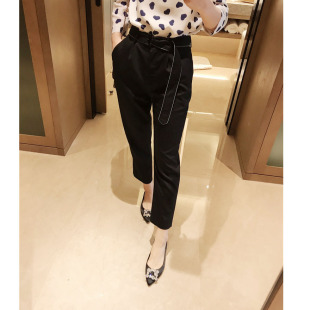 可知性可休闲随意风黑色精纺羊毛锥形裤 0531 腰部钉珠腰带