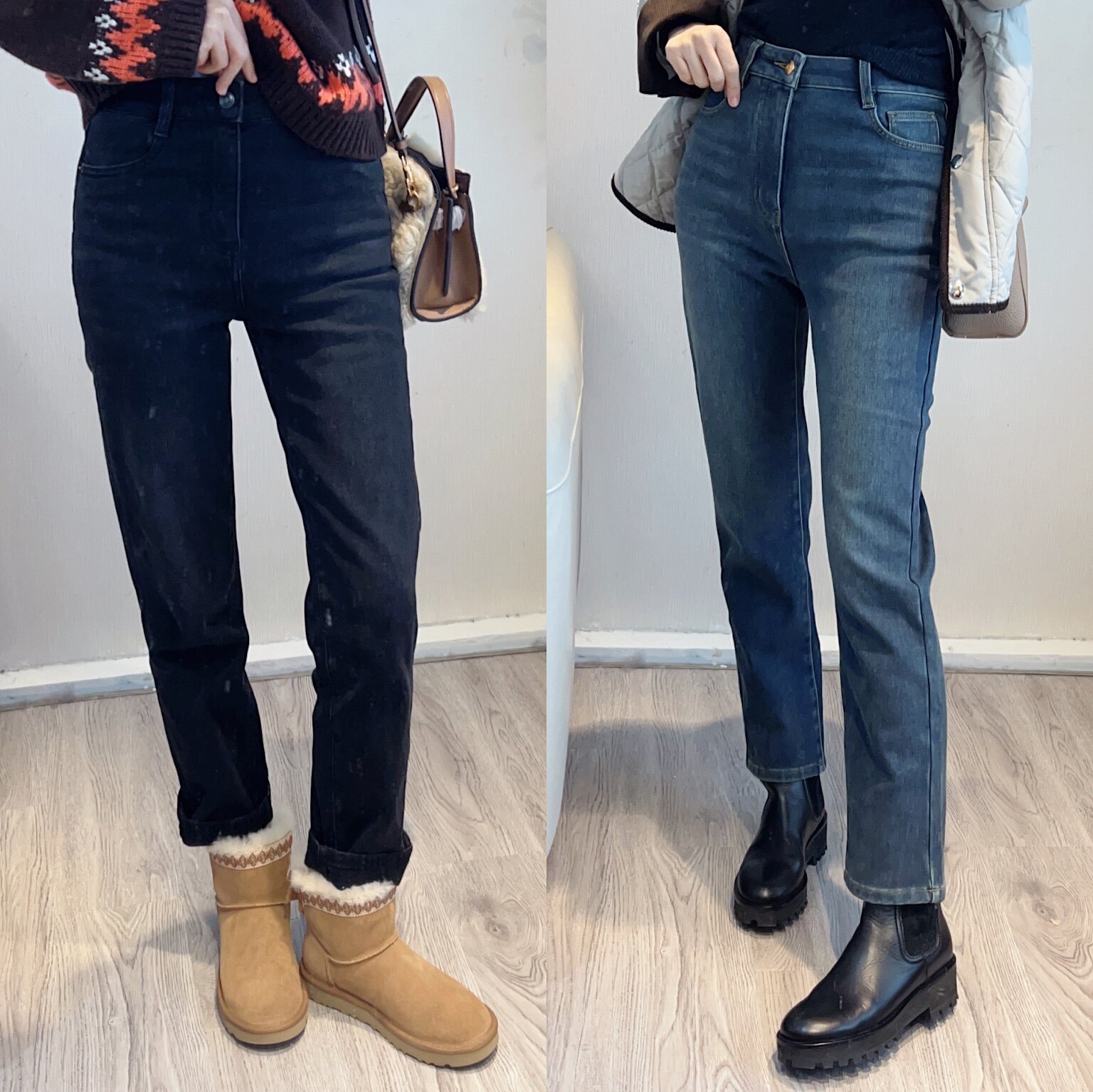 斯斯 1119 秋冬百搭温暖系加绒弹力直筒小修身纯色烟筒牛仔靴裤